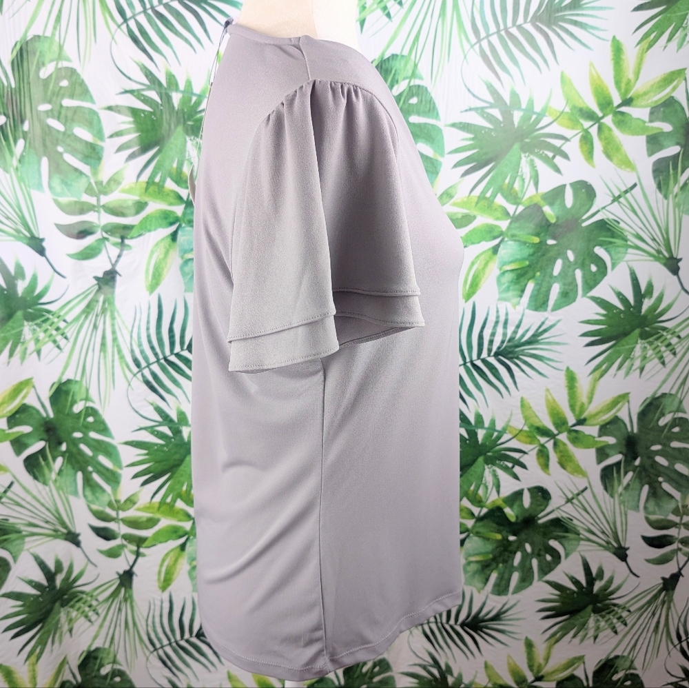 NWT Calvin Klein Gray V-Neck Double Tiered Sleeved Blouse (Size: Large) - Picture 5 of 13